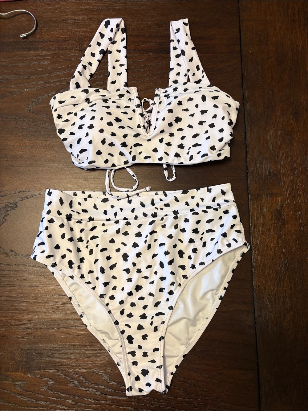 Amazon Women Swim Bikini Set White with Black Spot Print
